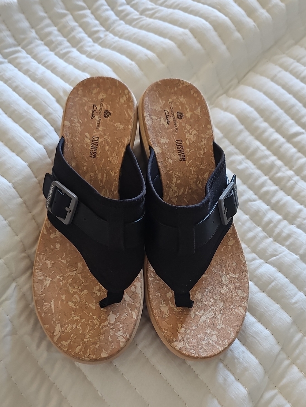 Clarks Black Cork-Style Thong Sandals with Buckle